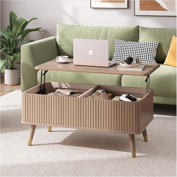 Lift Top Coffee Table with Storage, Mid Century Modern Coffee Table with Solid Wood Legs, 38" Minimalist Fluted Center Table for Living Room, Home Office, Natural Oak
