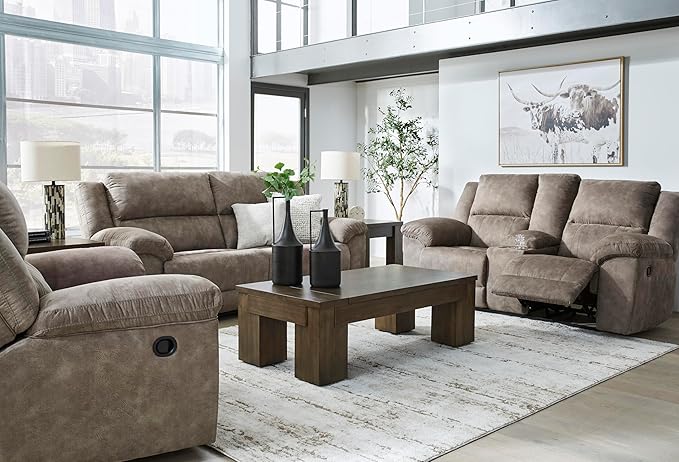 Signature Design by Ashley Laresview Contemporary Faux Leather Manual Double Reclining Loveseat with Console, Storage and Cup Holders, Gray