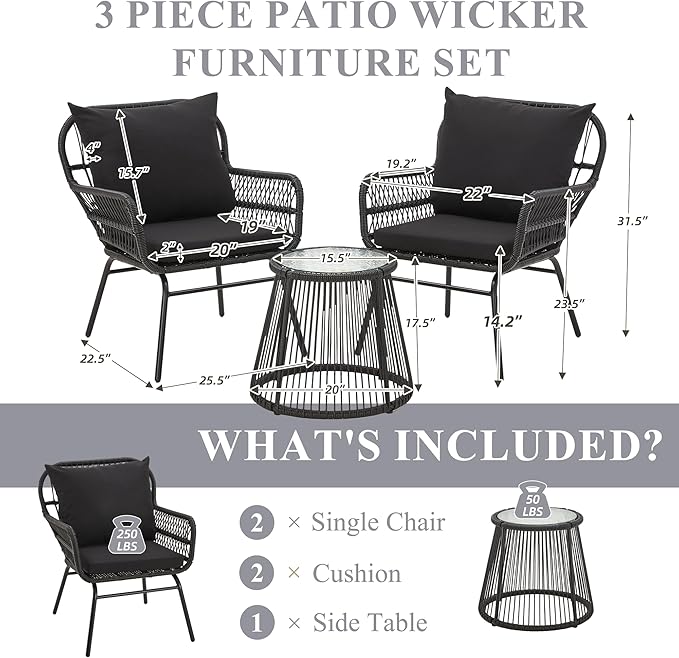 Bezseller 3-Piece Outdoor Patio Set - 20" Wide Seating w/ 2" Thick Cushions, 14.2" Seat Height - Modern Boho Furniture for Gardens, Balcony & Apartments