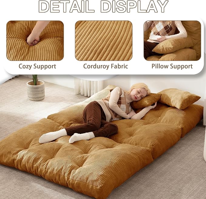 Folding Sofa Bed, Convertible Sleeper Chair with Pillow Foldable Mattress with Back Support, Portable Fold Out Chair Bed Comfy Floor Sofa Lounge for Living Room Bedroom, Yellow Full 80x54 Inch