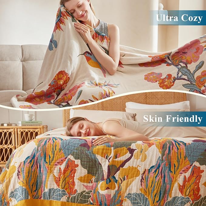 Boho Throw Blanket - 100% Cotton Soft Throw Blanket for Bed, 90"x90" Reversible Breathable Lightweight Spring Blankets, All Seasons Farmhouse Decor Floral Plant Butterfly Throw Quilt