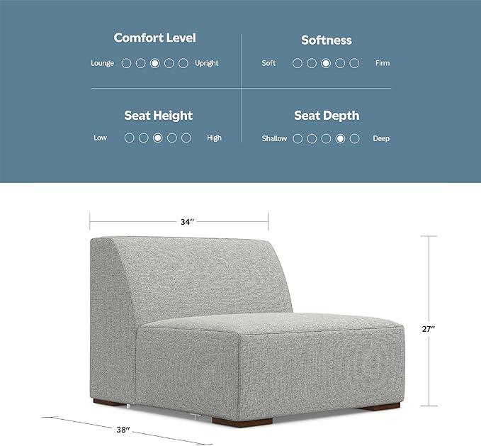 SIMPLIHOME Rex Center Sofa Module in 100% Recycled Polyester Tightly Woven Performance Fabric, Pale Grey, 34-inches Wide, Handcrafted Modern-Style Armless Sofa or Armless Chair for Living Room