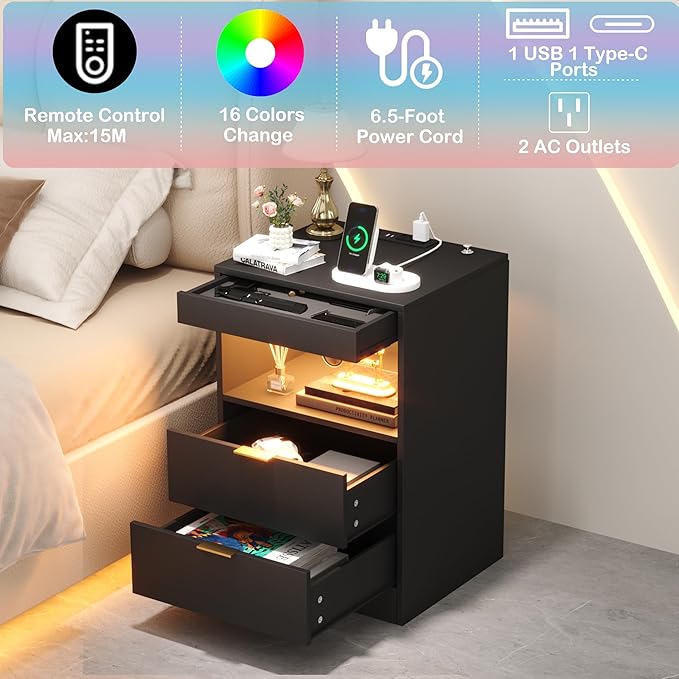 Yusong Night Stand with Gun Drawer & Invisible Lock, Bedside Table, LED Nightstand with Charging Station, Modern Night Stand, Wood Sofa Couch End Side Table with 2 Pull-Out Shelf (Black 002) - Image 4