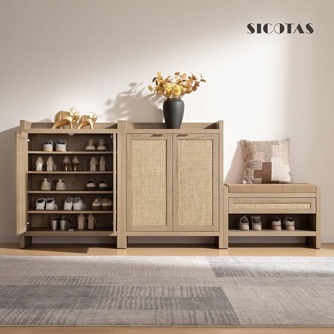 SICOTAS Shoe Cabinet, 24 Pair Shoe Storage Organizer Cabinet, 41" Tall Rattan Shoe Cabinet with Doors and Shelves, 6-Tier Farmhouse Boho Wooden Storage Cabinet for Entryway Hallway Closet, Light Oak - Image 9