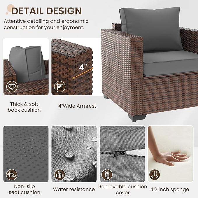 Patio Furniture Set,5 Piece Wide Armrest Outdoor Furniture Chair with 4" Thickened Cushion,Wicker Patio Conversation Sets with Waterproof Covers for Backyard, Porch(Grey)