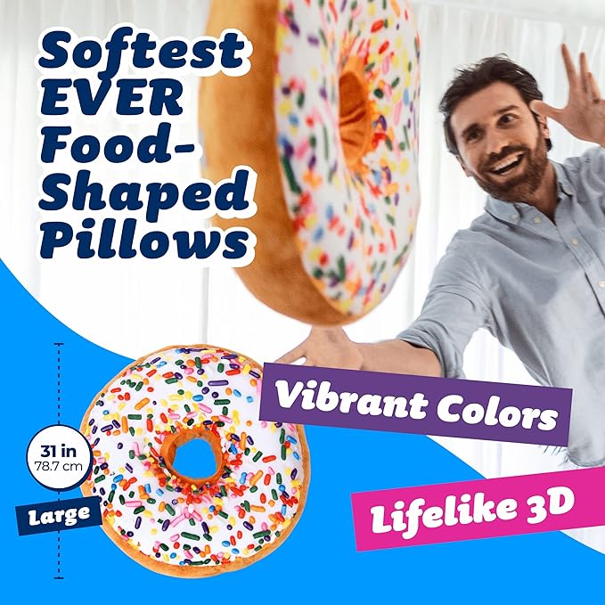 Much Comfort 31" 3D Sprinkle Donut Throw Pillow - Made with Super Soft & Ultra Premium Fabric - Cute, Comfortable, Plush Stuffed Doughnut Cake Cushion for Home Decor - Best Funny or Teen Gift - Large