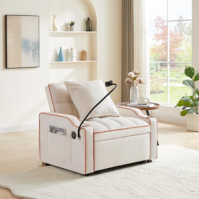 KEIKI 36" Velvet Convertible Pull-Out Sleeper Sofa Chair Bed with Adjsutable Back, 2 Arm Pocket, USB, Modern 1-Seater Couch with Swivel Phone Stand, Easy Assembly, for Living Room, Bedroom, Beige