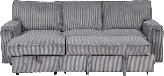 Modern Reversible Sleeper Sectional Sofa W/Pull Out Couch Bed and Large Capacity Storage Chaise, L-Shaped Corduroy Upholstered Sofa&Couch Convertible Sofabed with Hidden Cupholders for Living Room