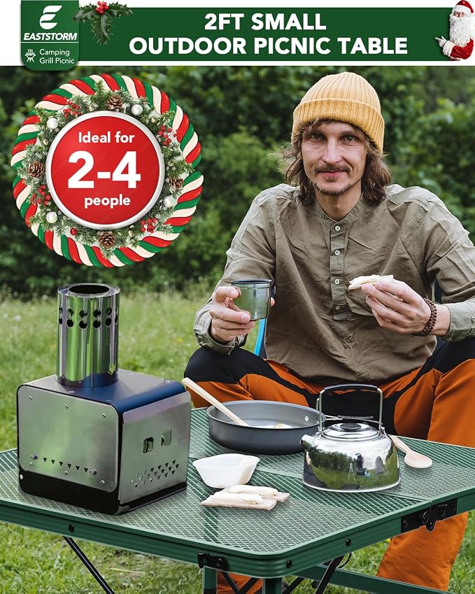 Square Folding Card Table with Adjustable Height (12" & 26"), Green Portable Metal Mesh Table for Camping, BBQ, Picnic, Game, Patio & Indoor Use, Fits 2–4 People, Lightweight 7.6 lb, Supports 66 lb - Image 4