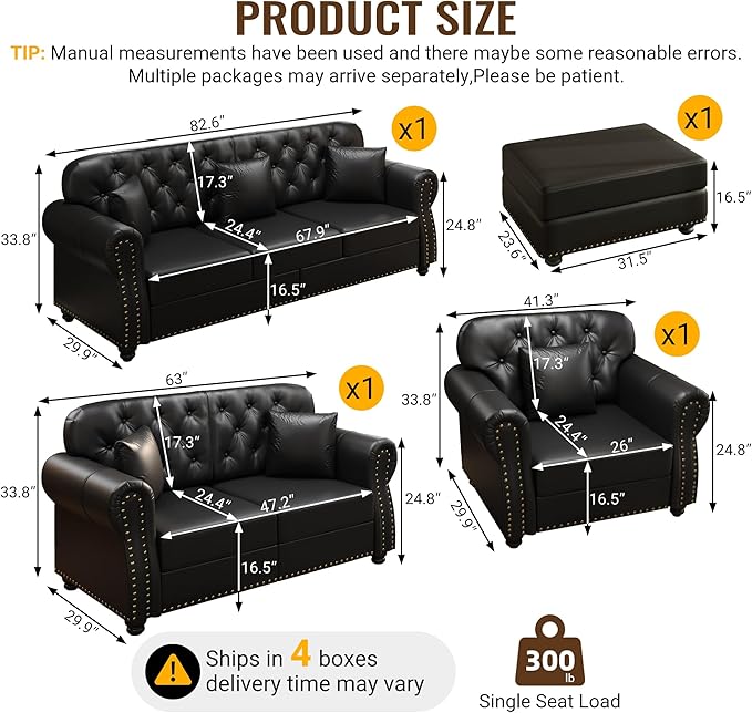 KEIKI 3-Piece Chesterfield Sofa Set with 1 Faux Leather 3-Seater Sofa & 1 Loveseat & 1 Single Sofa, 6-Seater Couch Set with Nailhead Trim & Rolled Arms & 1 Ottoman & 6 Pillow, for Living Room, Black