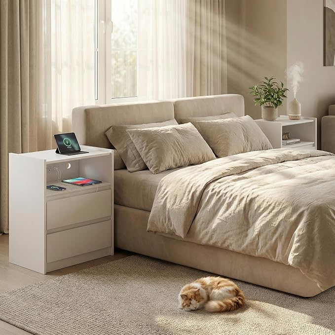24" Tall Nightstand with Charging Station Including USB-C, Modern Bedside Table and Sofa End Table - White, 2 Drawers, Set of 2 - Image 3