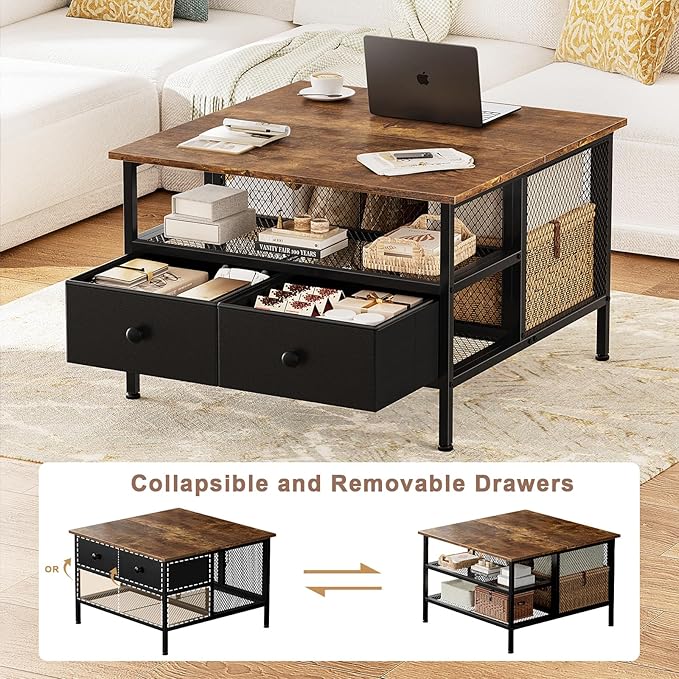 FABATO Flip Top Coffee Table, Square Coffee Tables Metal Wood, Farmhouse Lift Up Coffee Table Cocktail Table with Wire Mesh Barn Door and Storage, Steel Frame, Small Tea Table for Living Room, Black