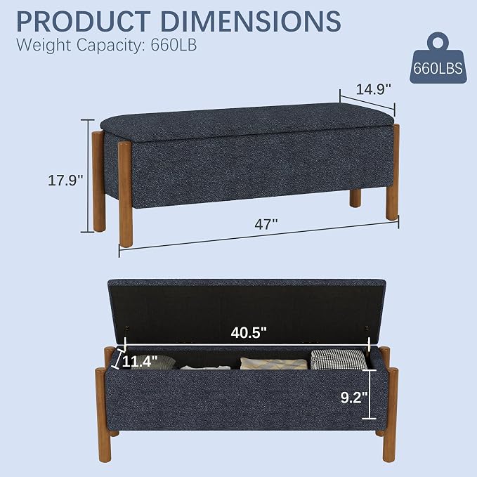 Modern Storage Benches with Walnut Wood Legs, 47'' Ottoman Bench with 20 Gallons Storage Space for Bedroom End of Bed, Fabric Upholstered Entryway Bench with Seating for Livingroom, Blue - Image 2