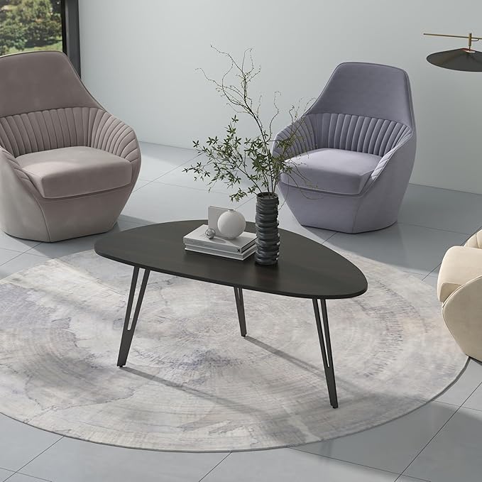 Manora Small Black Coffee Table, Modern Irregular Oval Wood Top with Tapered Metal Legs, Living Room Accent Table, 39.3"x21.6"x17" Low-Profile Table