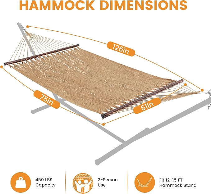 Lazy Daze Hammocks 10.5 FT Double 2 Person Caribbean Rope Hammock, Hand Woven Polyester Hammock with Spreader Bars, for Outside Outdoor Backyard Patio Poolside, 450 LBS Capacity, Tan - Image 6