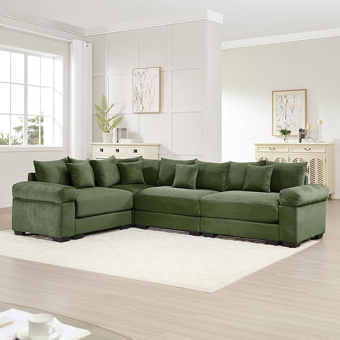 KEIKI 117" L-Shaped Oversized Corduroy Modular Cloud Sectional Sofa with High-Density Foam Cushion, Extra-Thick Armrest, Convertible 4-Seater Fluffy Corner Couch with 14 Pillow, for Living Room, Green