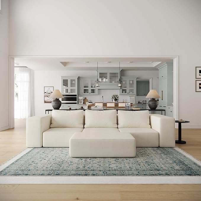 Acanva Oversized Modular Sectional Sofa with Removable Washable Slipcovers, Modern Low Profile Deep Seat Couch for Living Room, Linen-Like-Cream, 3 Armless Chairs & 3 Armrests/Ottomans