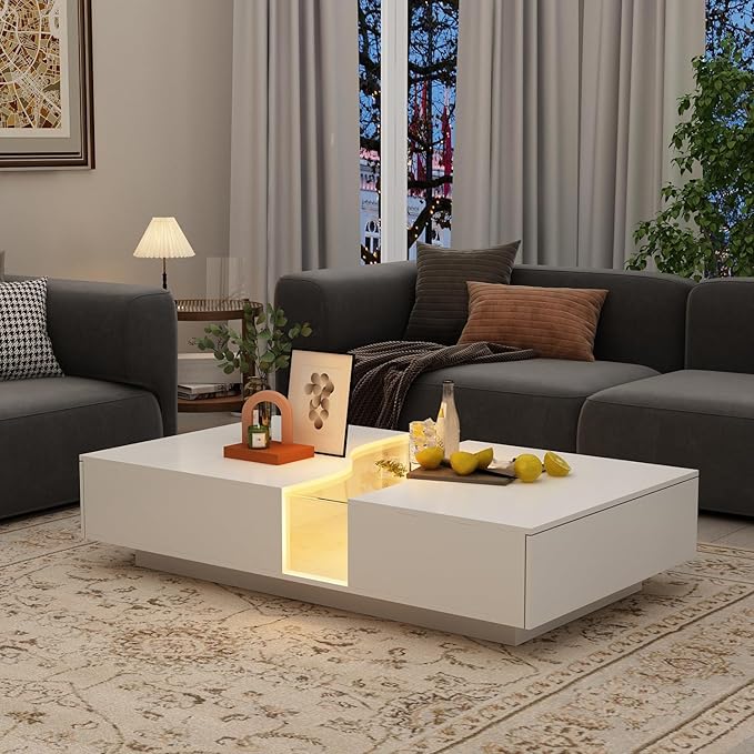ECACAD Modern LED Coffee Table with 2 Drawers, Tempered Glass Top & Remote Control, Rectangle Coffee Center Table for Living Room & Reception Room, White 31.5”D x 55.1”W x 11.8”H
