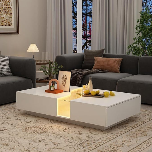 ECACAD Modern LED Coffee Table with 2 Drawers, Tempered Glass Top & Remote Control, Rectangle Coffee Center Table for Living Room & Reception Room, White 31.5”D x 55.1”W x 11.8”H
