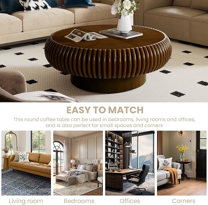 Fluted Drum Coffee Table Round Coffee Table for Living Room Mid Century Modern Coffee Tables with Sturdy Pedestal Circle Center Tea Table Accent Tea Table for Small Space Apartment (31.5" Walnut)