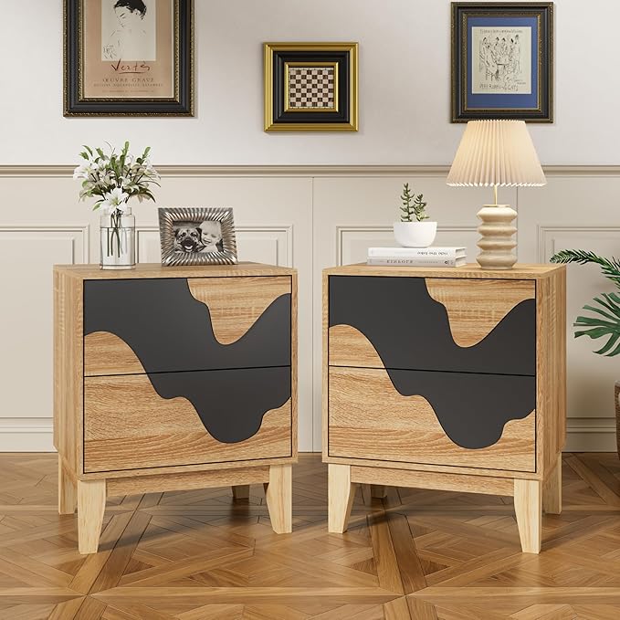 Anbuy Bedroom Sets 3 Pieces Bedroom Furniture Set Water Stream 9 Drawer Dresser and Night Stand Sets, Two Drawers Nightstand Set of 2 & 9 Drawer Dresser Combo (Natural)