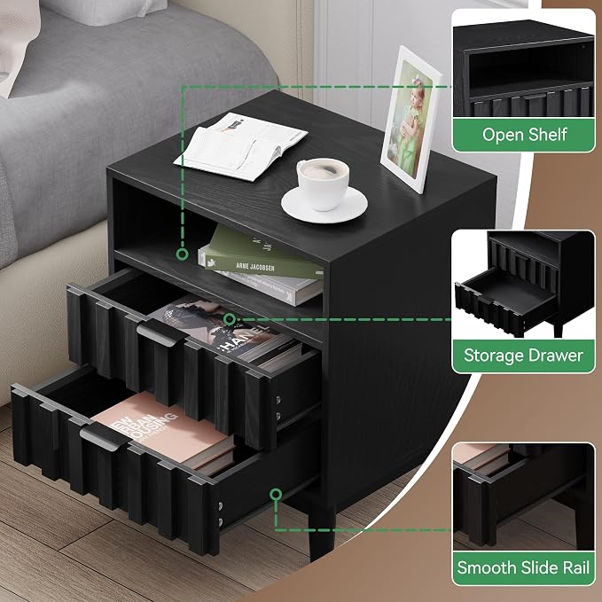 Fluted Nightstand, 19" Wide Night Stand with Solid Wood Legs, Open Storage Shelf, Mid Century Modern Wooden Bedside Table for Bedroom, Bed End Side Table, Black - Image 3