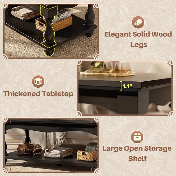 47 inch Black Coffee Table with Storage, 2-Tier Farmhouse Coffee Table with Solid Wood Legs, Mid Century Coffee Tables for Living Room