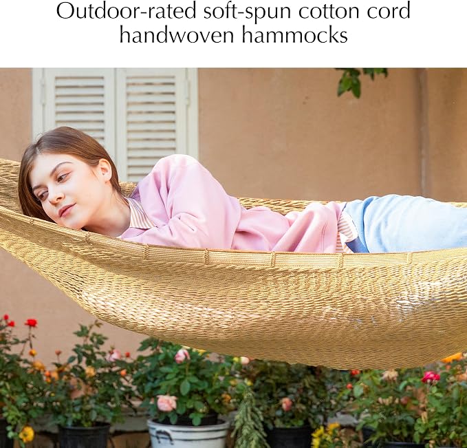 PNAEUT Handwoven Mayan Hammock, Thick Soft Rope Double Hammock for Outdoor Outside & Indoor, 600 lbs Capacity Heavy-Duty, Includes Tree Straps, Carabiners & Carrying Bag(Tan, X-Large) - Image 4