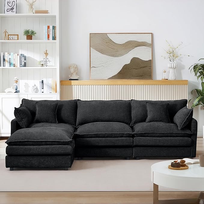 Eafurn Oversized Reversible Modular Sectional Sofa with Movable Ottoman, 4 Seater Convertible L Shaped Corner Couch Modern Chenille Sofa Set w/Double Layers Seat Cushions for Living Room Apartment