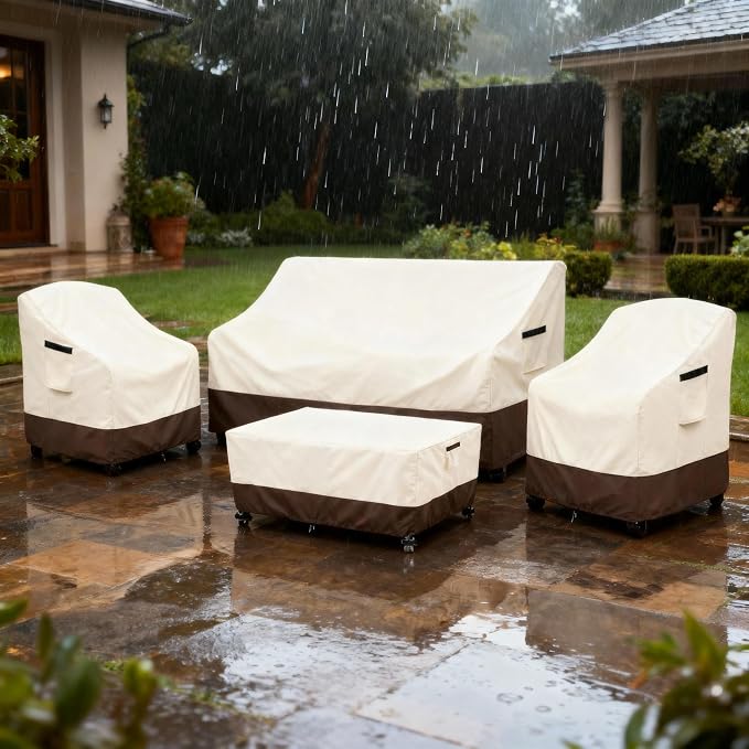 Patio Furniture Covers Set,4-Piece 600D Heavy Duty Waterproof Outdoor Furniture Cover for Patio Swivel Rocker Chairs,Loveseat and Coffee Table,Beige & Brown - Image 6
