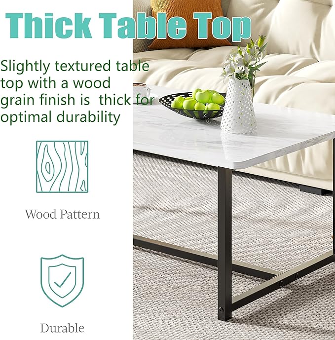 Coffee Table for Living Room, Modern Rectangular Center Coffee Tables for Small Space, Industrial Furniture, Sofa End Tables/Tea Table/Center Table, Couch Table with Metal Black White