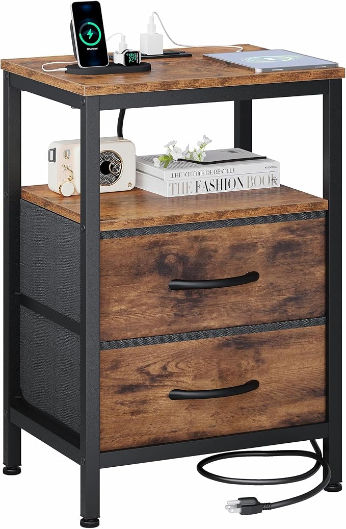 OLIXIS Nightstand with Charging Station, Bedside Table with USB Ports & Type-C, 2 Fabric Drawers Night Stand with Open Shelf, Compact End Table for Bedroom, Rustic Brown by OLIXIS