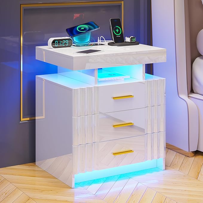 HNEBC LED Nightstand Set of 2,White Night Stand with Charging Station-USB+Type-C+Wireless Charging,Smart Bedside Table has Auto Sensor, High Gloss Bedside with 3 Drawers for Bedroom (1PCS-Black) - Image 2