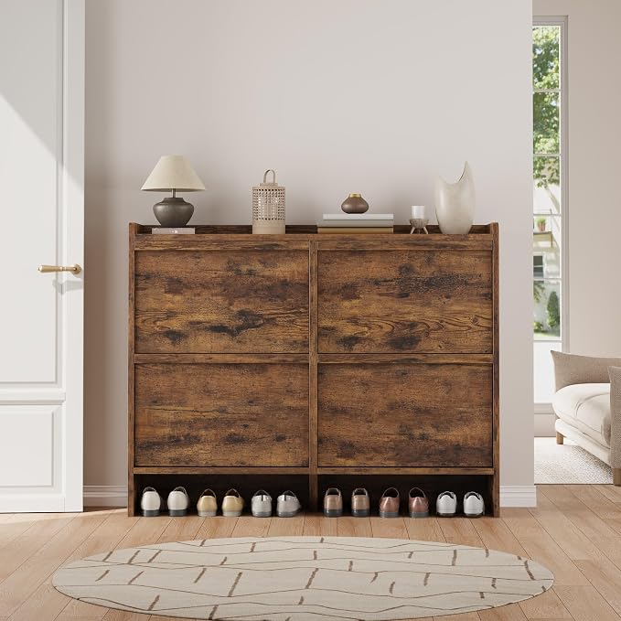 GarveeHome Shoe Cabinet with 4 Flip Drawers, Wooden Shoe Organizer Cabinet with Adjustable Shelf, Shoe Storage for Entryway, Hidden Shoe Cabinet for Hallway, Living Room, Rustic Brown - Image 3