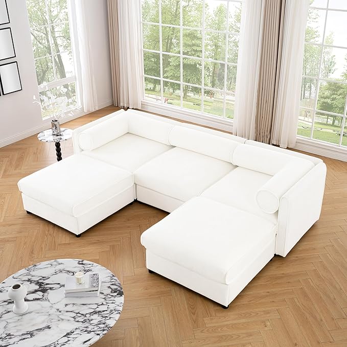 KEIKI 109" U-Shaped Modular Chenille Sectional Sofa with Storage Seat, 2 Ottoman, Modern Style 3-Seater Couch with Cylindrical Backrest and Armrests, Easy Assembly, for Apartment, Living Room, White