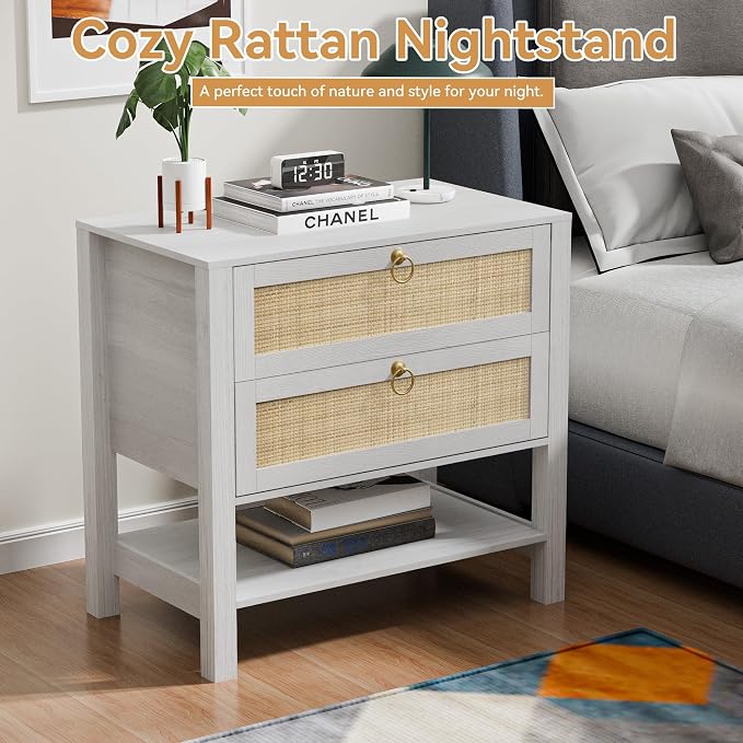 Rattan Nightstand with 2 Drawers and Storage Shelf, 26” Tall Boho Night Stand, Wood Large Bedside Table with Golden Handle for Bedroom, Side Table, White and Oak with Grey Wood Texture - Image 8