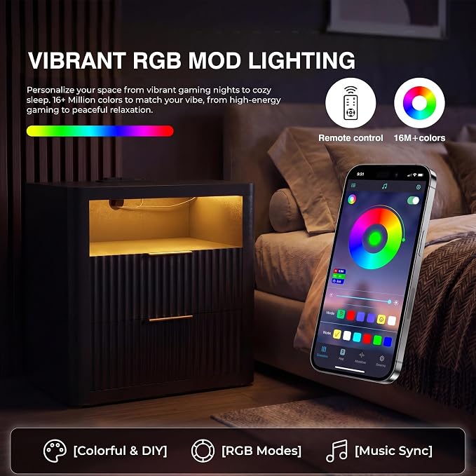 YESHOMY Fluted Nightstands Set of 2 with Charging Station,24" Night Stand with 2 Drawers and Storage Shelf,RGB LED Lighting,Arc Edge Fluted Bedside Table for Bedroom,Classic Black - Image 4