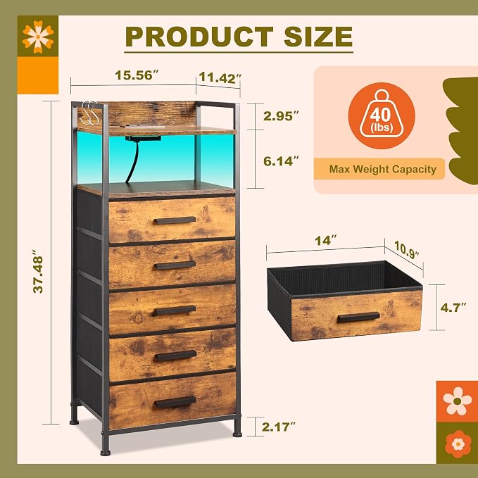 Nightstand 5 Drawer Dresser with Charging Station & LED Lights, Side Table with Fabric Drawers, End Table with Open Shelf with Hooks, Tall Dresser for Bedroom, Hallway, Entryway (Rustic Brown) - Image 3
