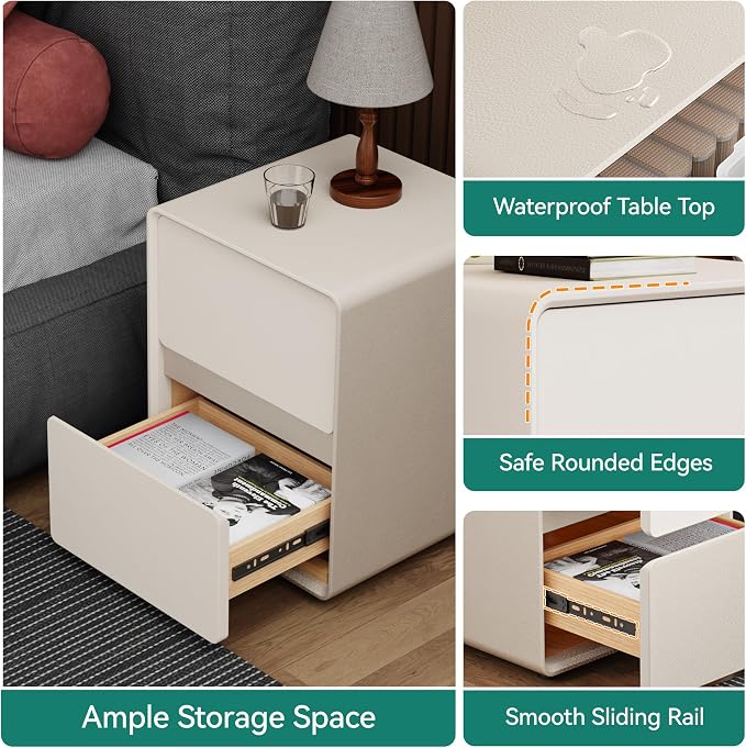 15.8" W Faux Leather Narrow Nightstand, Fully-Assembled Bedside Table with 2 Drawers, Wood Night Stand Small Accent End Table & Side Table for Bedroom, White - Image 4