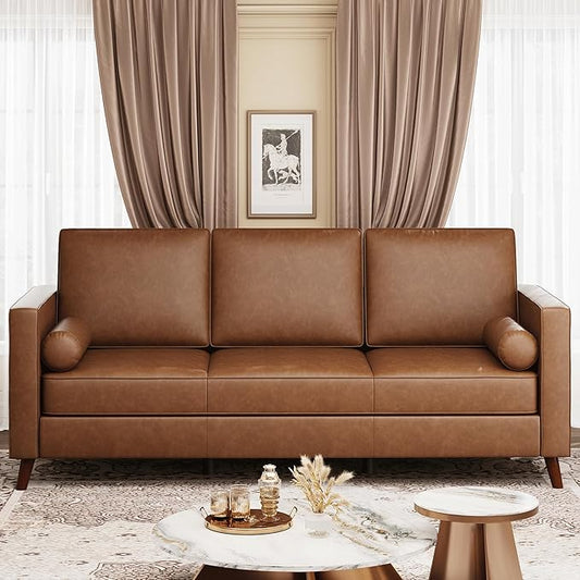 IDEALHOUSE 81" Faux Leather Sofa, Mid Century Modern Deep Seat Couch, Upholstered Cushion&Removable Cover, Brown PU Couch, 3 Seat Sofa for Living Room, Office, Brown