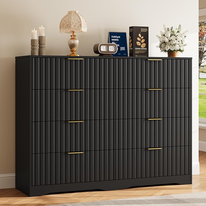 8 Drawer Dresser and Nightstand Sets for Bedroom, Modern Fluted 3 Pcs Bedroom Dresser Furniture Sets, Wood Chest of Drawers and Nightstand Set of 2 with Metal Handles, Black