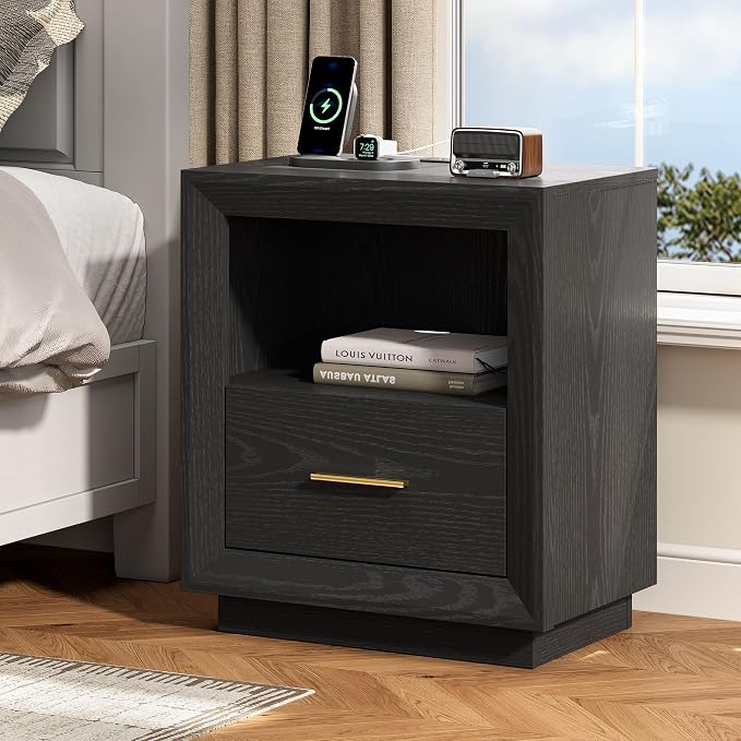 RoyalCraft Black Nightstand with Charging Station Set of 2: Bedside Table with Spacious Drawer & Storage Cabinet, 2 Outlets & USB Type-C for Bedroom Dorm - Image 7
