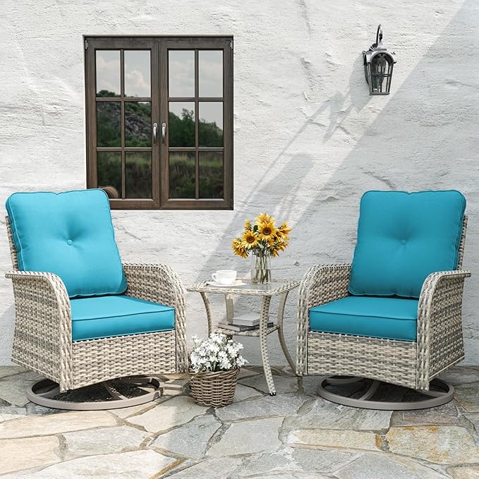 Outdoor Patio Furniture Set Rocking Swivel Chair Wicker Rattan Bistro Set with Tempered Glass Side Table, Outdoor Conversation Set for Garden, Deck, and Balcony, Turquoise
