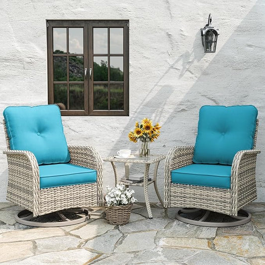 Patio Rocking Swivel Chair Outdoor Wicker Rattan Bistro Set with Tempered Glass Side Table, Outdoor Patio Furniture Set for Garden, Deck, and Balcony, Turquoise