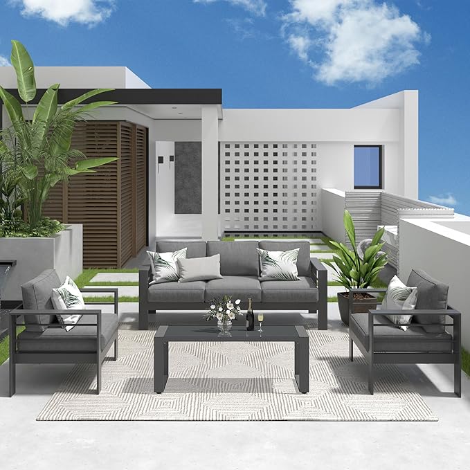 Solaste Aluminum Patio Furniture Set, 4 Pcs Modern Outdoor Conversation Set Couch Sofa with Upgrade Cushion and Glass top Coffee Table,Grey