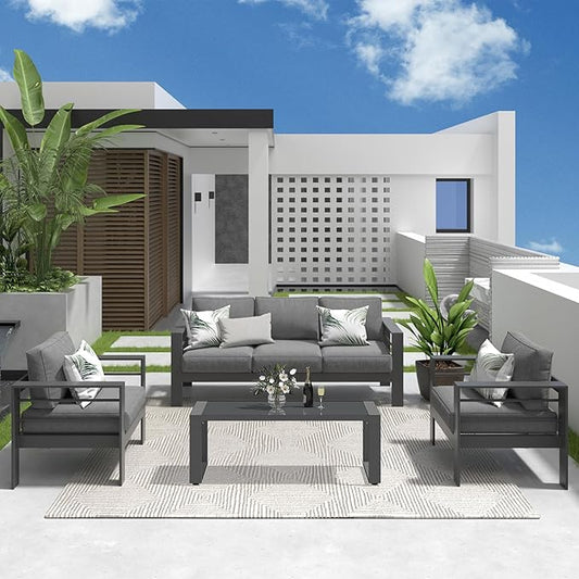 Solaste Aluminum Patio Furniture Set, 4 Pcs Modern Outdoor Conversation Set Couch Sofa with Upgrade Cushion and Glass top Coffee Table,Grey