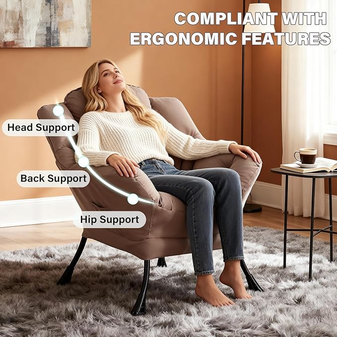 MBOOYOME Lazy Chair, Modern Soft Reading Chair Accent Contemporary Sofa Chair with Armrests and a Side Pocket for Living Room, Bedroom, Dorm & Office, Khaki
