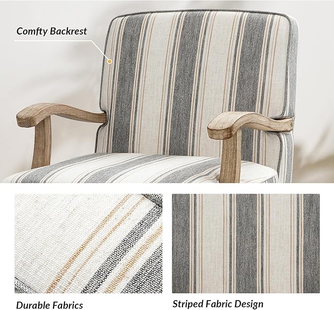 HULALA HOME Upholstered Accent Chair, Mid-Century Modern Striped Chair with Graceful Curves and Wooden Legs, Comfy Lounge Armchair Striped Accent Chairs for Living Room, Bedroom (Stripe)