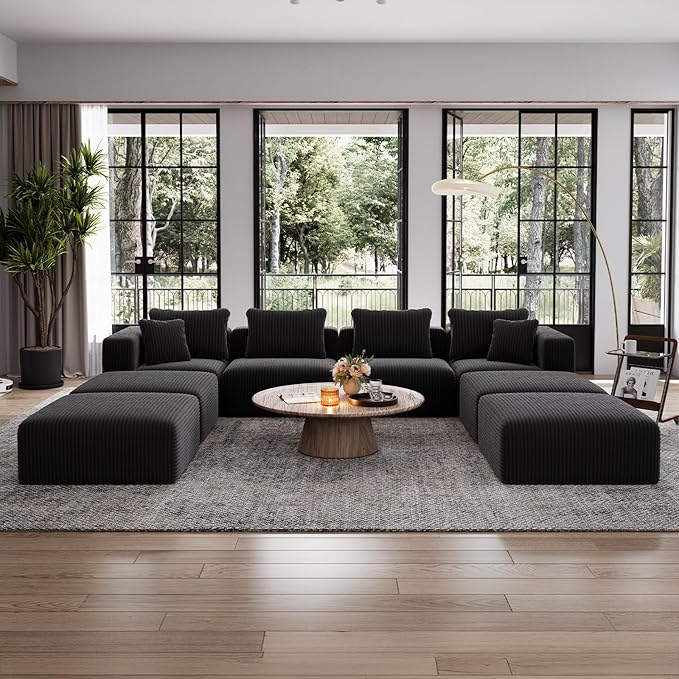 Avenco 141” U-Shaped Modular Sectional with 4 Ottomans, Individually Wrapped Coil Support & Corduroy Fabric, Zero Assembly 8-Piece Set for Spacious Living Room, Black