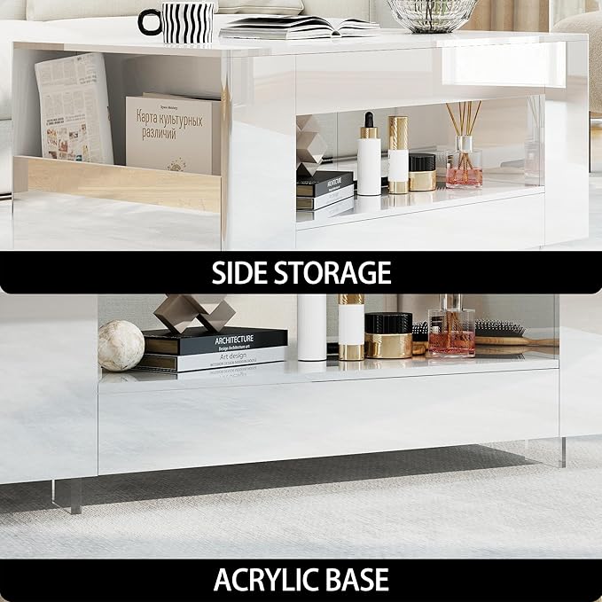 Glossy Coffee Table with Open Shelf Storage - High Gloss Modern Cocktail Table for Living Room, Bedroom, Office